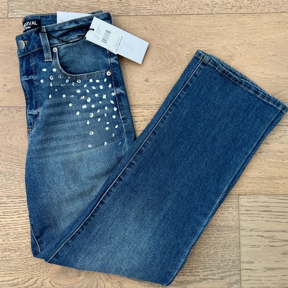 Embellished High-Rise Jeans Washed Denim Rhinestone Straight Jeans - Picture 6 of 11